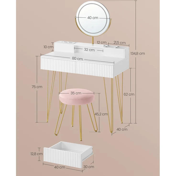 Vasagle Schminktisch, mit Hocker und Beleuchtung, Steckdosenleiste, Spiegel, mit Schubladen, gepolsterter Sitzhocker, Holz mattweiß-blassgold, 40 x 80 x 134,8 cm – Bild 5