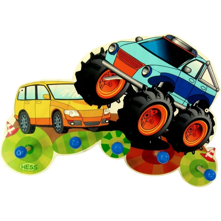 Hess Holzspielzeug 30297 - Garderobe aus Holz, Serie Monstertruck, mit 5 Haken, für Kinder, ca. 37 x 25 x 6,5 cm groß, handgefertigt, als Blickfang in jedem Kinderzimmer und Flur