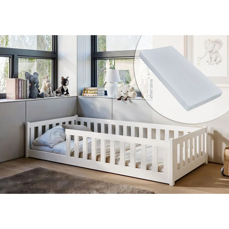 Kids Collective Kinderbett Bodenbett Bett mit Rausfallschutz & Lattenrost Montessori Bett Kinder (weitere Größen 80x160, 90x200, 120x200, 140x200 cm), Jugendbett Einzelbett mit Matratze, weiß Kiefer 80 x 180 cm – Bild 1