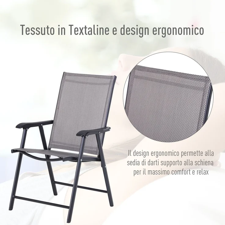 Set mit 2 klappbaren Gartenstühlen mit Armlehnen, Essstühle für den Außenbereich aus Metall und Texteline, für Terrasse, Balkon, Außen- und Innenbereich, 58 x 64 x 94 cm, grau – Bild 7