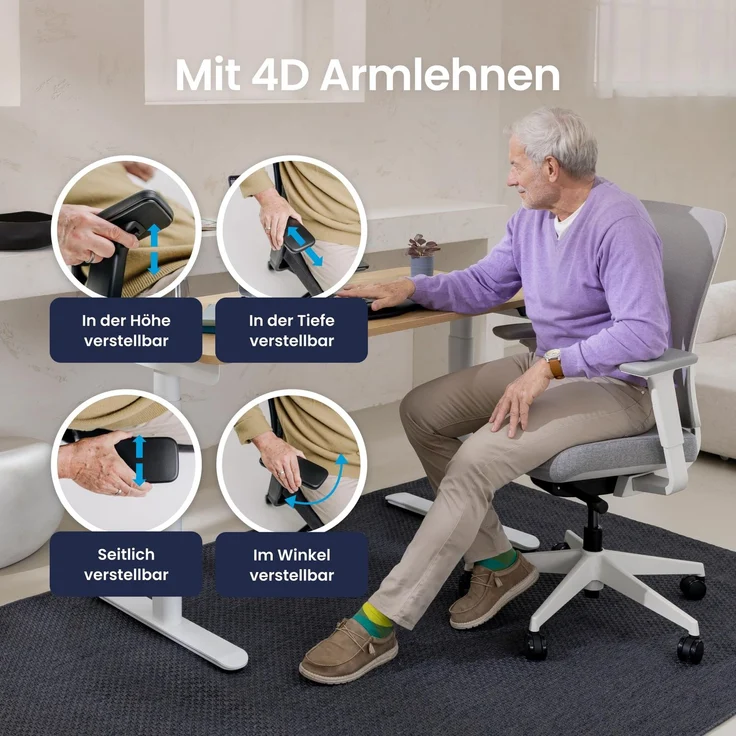 Ergotopia 'PureBack' ergonomischer Bürostuhl mit Lordosenstütze & 4D-Armlehne, Grau, ohne Kopfstütze – Bild 5