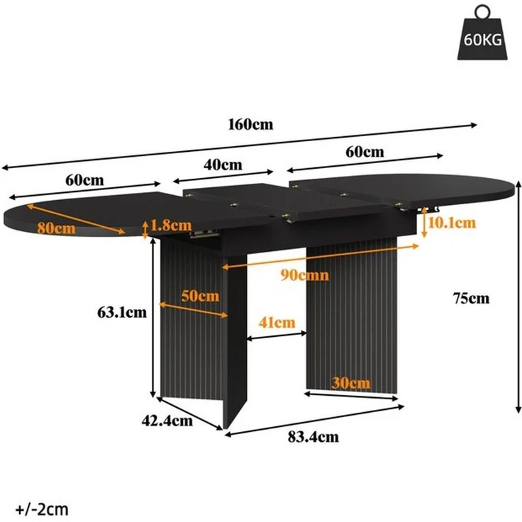Odikalo Esstisch Küchentisch Wohnzimmertisch, Ausziehbar (120-160×80cm), Tisch, Küchentisch, Ausziehtisch, mit Hilfe innenliegender Einlegeplatten auf 120-160cm ausziehbar, für Küche und Wohnzimmer) – Bild 4