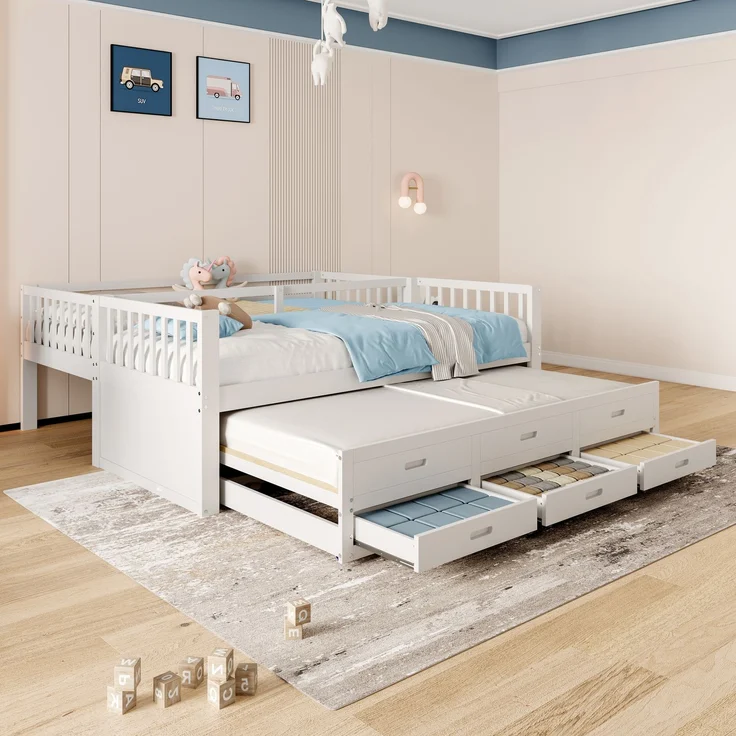 Etagenbett 90x200 cm mit Ausziehbett, 3 Schubladen, Kinderbett aus Kiefernholz und MDF, mit Treppe,Weiß – Bild 3