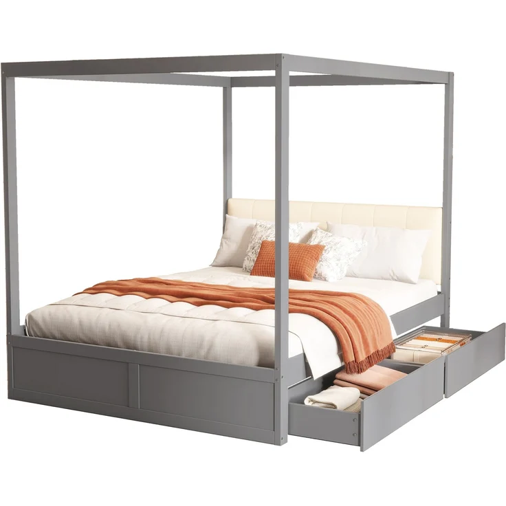 Himmelbett140*200 cm mit großen Schubladen und weicher Rückenlehne, Holz bett Grau – Bild 4