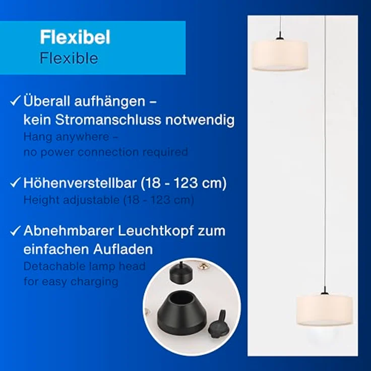REV Pendelleuchte Akku - 120lm dimmbar 3 Farben, Timer 1-4h, höhenverstellbar (18-123cm), Hängeleuchte Wohnzimmer, Fernbedienung, Stoffschirm, beige – Bild 3