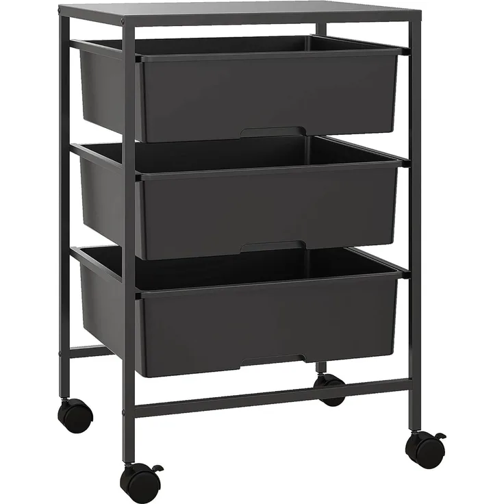 HOMCOM Servierwagen mit Rädern, 3-Lagerkörben und Stahlrahmen, (Rollwagen, 1 St, Aufbewahrungswagen), für Küche, Wohnzimmer, 40,8 x 33,5 x 60,5 cm, Schwarz