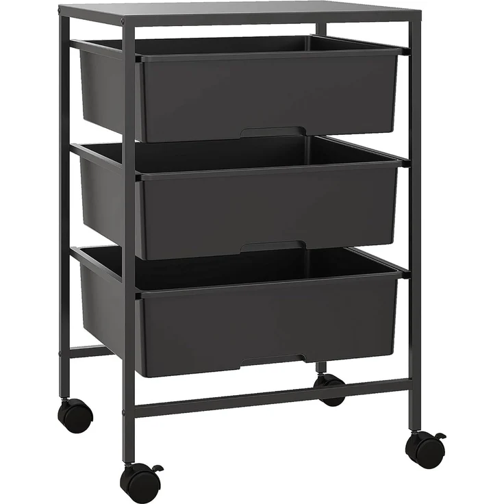 HOMCOM Servierwagen mit Rädern, 3-Lagerkörben und Stahlrahmen, (Rollwagen, 1 St, Aufbewahrungswagen), für Küche, Wohnzimmer, 40,8 x 33,5 x 60,5 cm, Schwarz – Bild 1