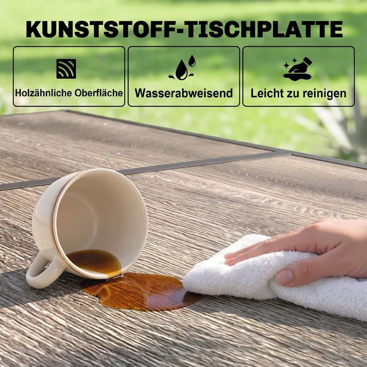 Outdoor-Tisch für 6 Personen, Holzoptik, Metallrahmen, wetterfest, 145 x 85 x 72 cm, grau--Grau--72x85x145cm--YOUDENOVA – Bild 6