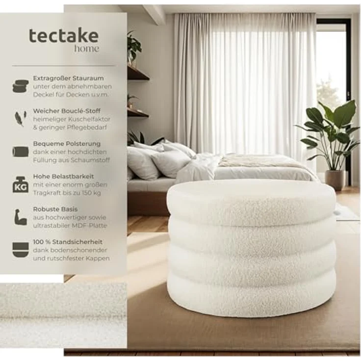tectake® Hocker mit Stauraum, XL Scandi Sitzhocker Bouclé Teddy Stoff, Pouf, Polsterhocker rund für Schminktisch, Schlafzimmer, Wohnzimmer Möbel, als Flur Möbel, Stauhocker Wohnen - Bouclé Creme-weiß – Bild 4
