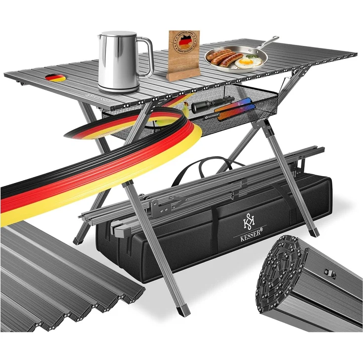 KESSER® Campingtisch faltbar Klapptisch mit Aluminiumrahmen Aufrollbare Tischplatte Falttisch klappbar 145x70x70cm bis 100kg inkl. Tragetasche mit Trageband & Netztasche Anthrazit, 145 cm