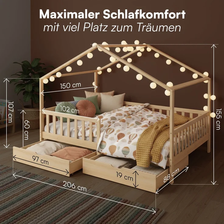 Bellabino 'Bia' Hausbett 140x200 cm mit 2 Schubladen, natur, Kiefer Massivholz, Montessori Kinderbett mit Stauraum, inkl. Rausfallschutz und Lattenrost – Bild 8