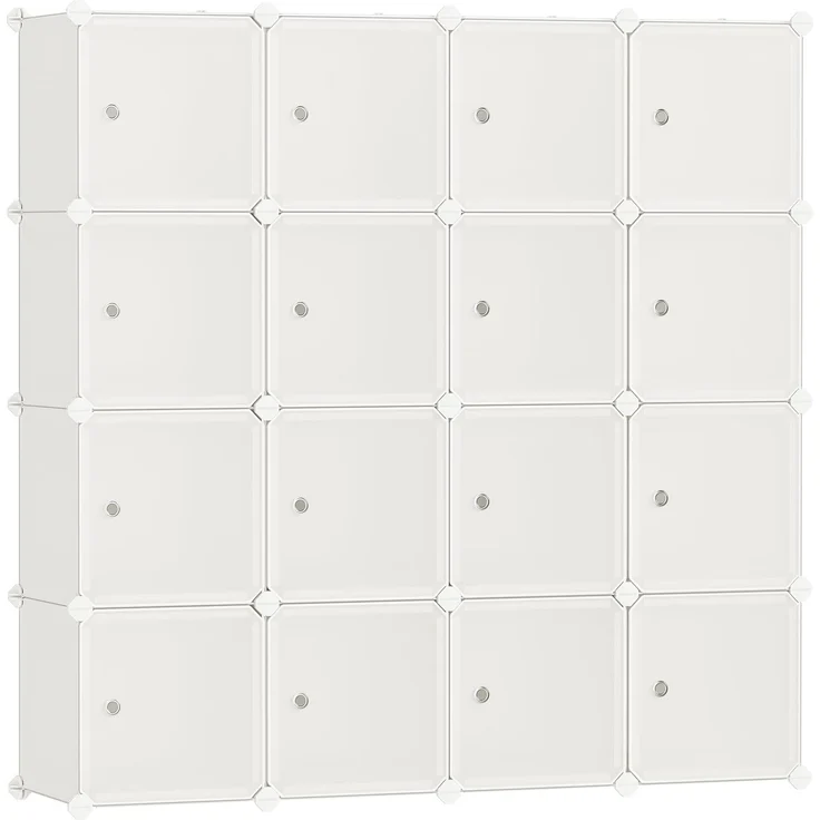 SONGMICS Regalsystem, Schuhregal, Set aus 16 Würfeln, Kleiderschrank aus Kunststoff, mit Türen, Steckregal, Aufbewahrung von Kleidung, Schuhen und Büchern, einfache Montage, cremeweiß LPC443W01 – Bild 1