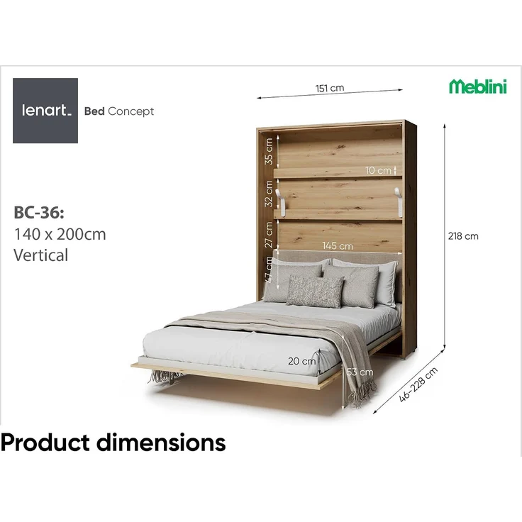 MEBLINI Elektrisches Schrankbett BC-36 - 140x200cm Vertikal - Artisan Eiche - Kopfteil Beige ohne Matratze - Wandbett mit Lattenrost und Kopfteil - Wandklappbett – Bild 3