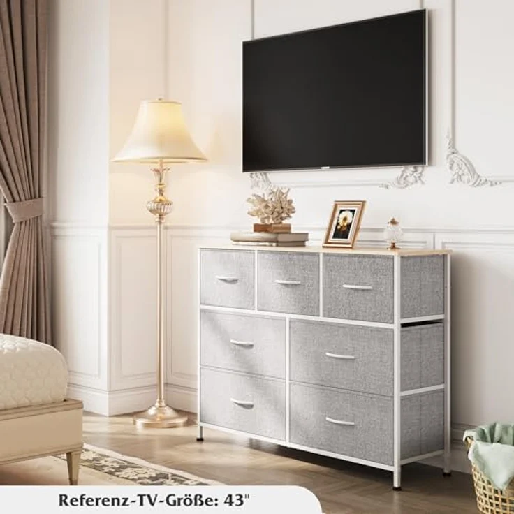 WLIVE Kommode mit 7 Schubladen aus Stoff, Kommodenschrank für Schlafzimmer, Kommode Wohnzimmer, mit Stabiler Stahlrahmen, Holzplatte, Hellgrau – Bild 3