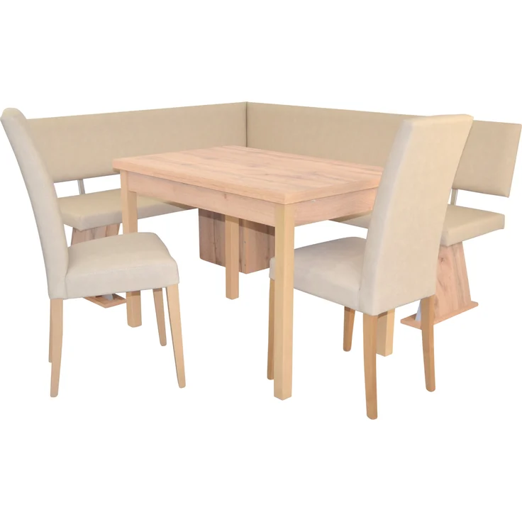Moderne Eckbankgruppe in Eichedekor, Schenkel 150 x 182 cm, Auszugstisch, Kunstleder beige – Bild 1