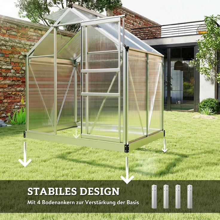 Outsunny Gewächshaus, Aluminiumlegierung, Polycarbonat, Silber, 190L x 132B x 201H cm – Bild 6