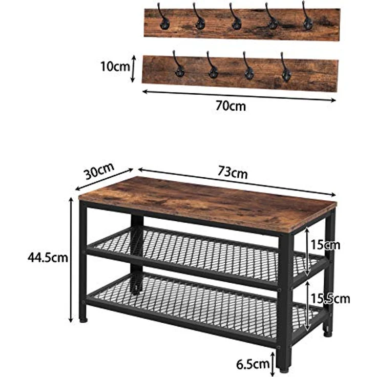 HOOBRO Garderobe Schuhbank Set, Schuhregal, Garderobenleiste mit Ablage und 9 Haken, garderobenset, Industriestil, Metallgestell, Flur, Eingangsbereich, Dunkelbraun-Schwarz EBF17MT01 – Bild 4
