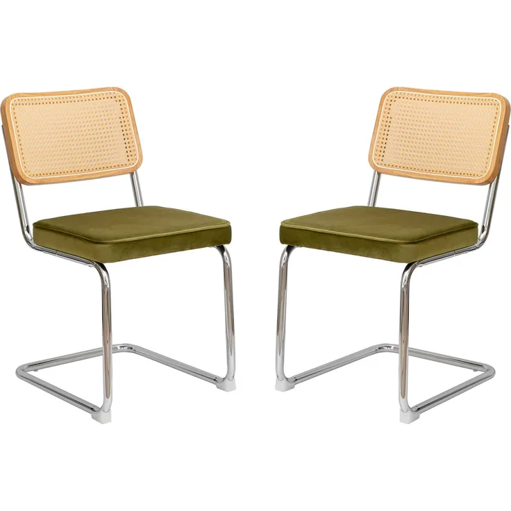 LVHOM Freischwinger 2er Set Esszimmerstuhl, Retro Küchenstuhl mit Chromgestell & Rattan-Rückenlehne, gepolsterter Samtsitz, stapelbar, moderne Wohnzimmerstuhl, Olivgrün