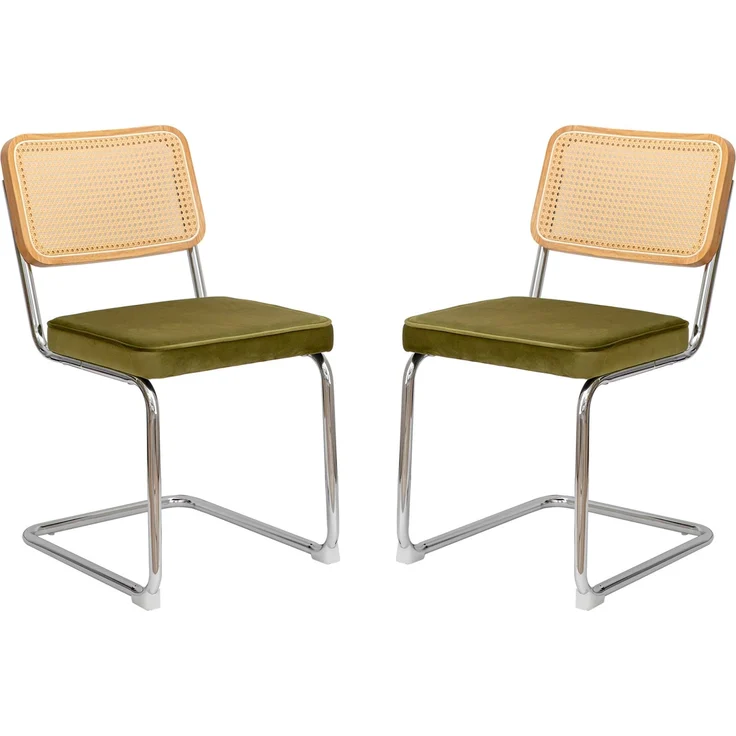 LVHOM Freischwinger 2er Set Esszimmerstuhl, Retro Küchenstuhl mit Chromgestell & Rattan-Rückenlehne, gepolsterter Samtsitz, stapelbar, moderne Wohnzimmerstuhl, Olivgrün – Bild 1