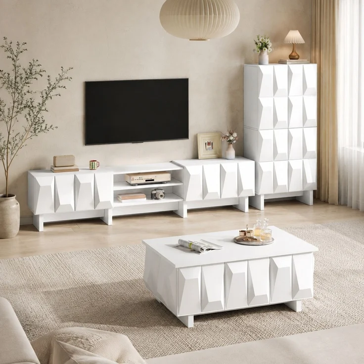 DESVIAE Sideboard-Set 3-tlg. Weiß aus Spanplatte – TV-Lowboard 180x44,5x34 cm – geometrische 3D-Fronten – Bild 2