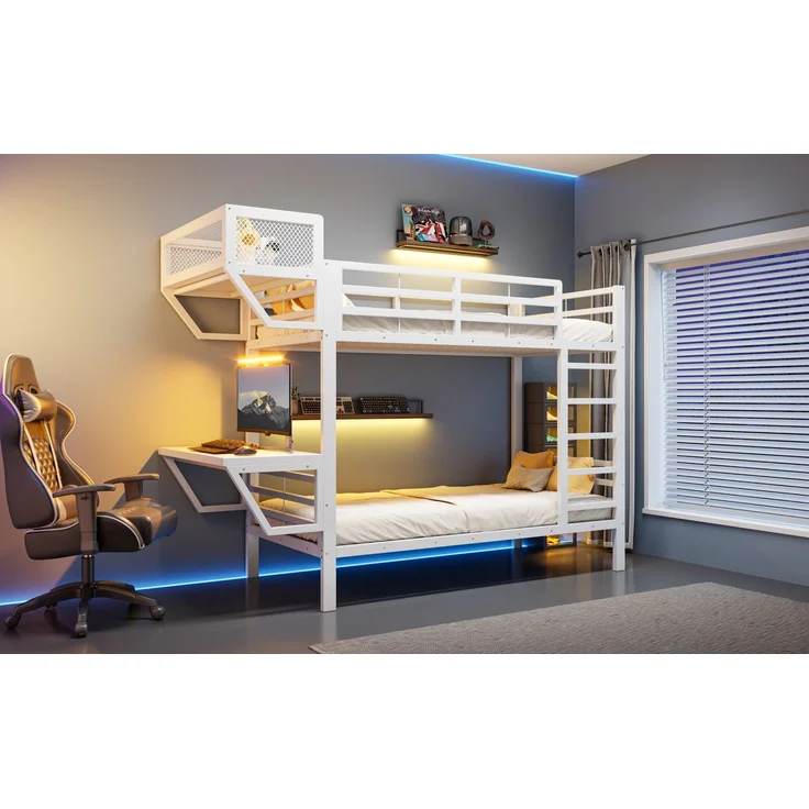 ZUBALIYA Metall-Etagenbett (90 x 200 cm) mit Schreibtisch und Ablagefächern, Lattenrost, platzsparendes Hochbett für Kinder, Jugendliche und Erwachsene, Weiß – Bild 9