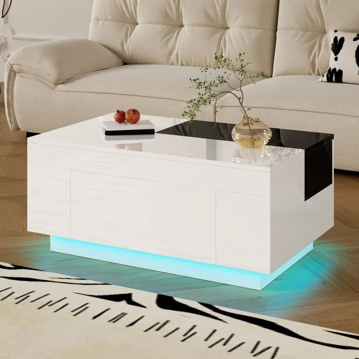 Merax Hochglanz-Couchtisch mit LED-Beleuchtung, ausziehbarer Tischplatte, verstecktem Stauraum und 16-farbig einstellbarem Lichtband, weiß – Bild 3