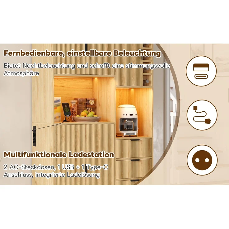 ZUBALIYA Weinschrank 105x40x180 cm, mit LED-Beleuchtung, mit Steckdosen, mit verstellbaren Einlegeböden, aus MDF, Natur – Bild 19