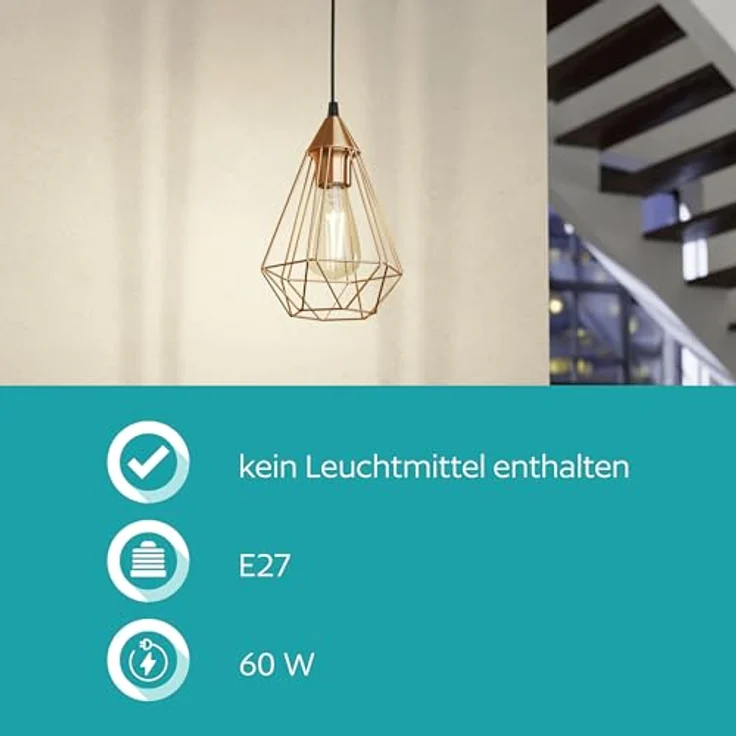 Eglo 94193 Hängeleuchte TARBES E27 1X40W Kunststoff schwarz, Stahl kupferfarben H:110 Ø31cm dimmbar – Bild 6
