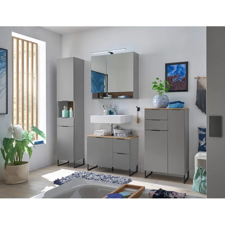 Badezimmer-Set >Denver< (4-tlg.) in grau / Evoke Eiche Dekor - 220x195x35 (BxHxT)