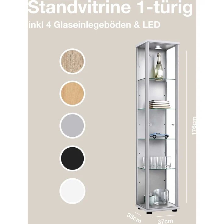 K-Möbel Glasvitrine C1014 (Glasvitrine (176x37x33 cm) mit 1 Glastür) Glasvitrine stehend – Bild 5