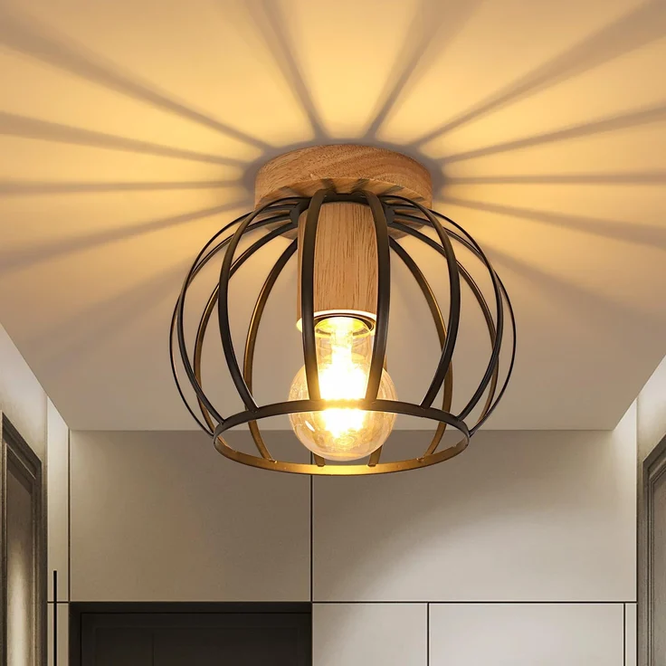 Goeco Deckenleuchte Schwarz, E27 Lampenfassung Industrial Lampenschirm in Form eines Metallkäfigs mit Holzsockel, Deckenlampe Vintage für Flur, Balkon und Speisesaal, Ø 19cm