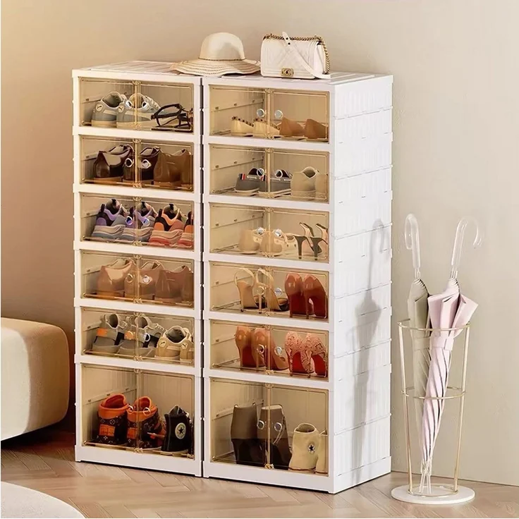 JEOBEST Schuhbox Faltbare Schuhschrank mit transparent Türen, Schuhboxen Stapelbar, (2 St, Weiß - 6 Ebenen)Installationsfrei, Turnschuhe Stöckelschuhe – Bild 3