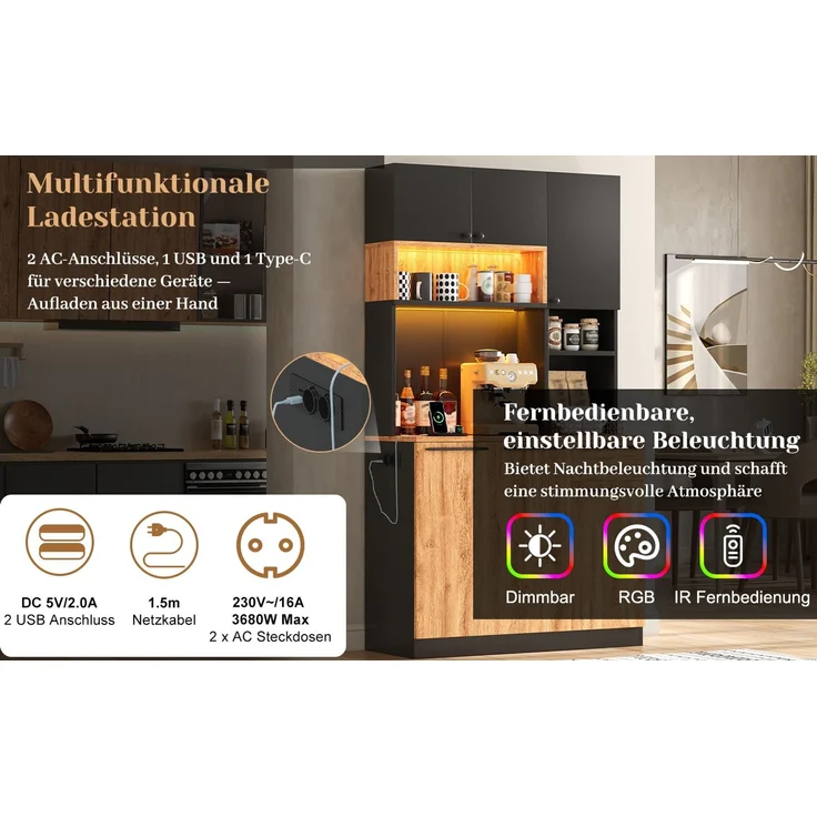 ZUBALIYA Buffetschrank 100x40x180 cm, mit LED-Beleuchtung, mit Steckdosen, mit 6 Türen, aus MDF, Natur – Bild 19