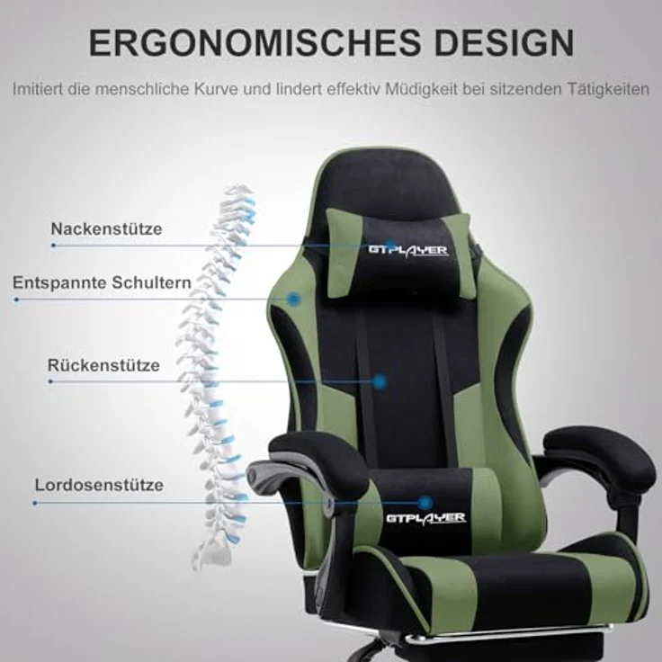 GTPLAYER Bürostuhl Gaming Stuhl Stoff Gaming Sessel Ergonomischer Gamer Stuhl mit Fußstütze, Kopfstütze Lendenkissen, Gepolstert Gaming Chair, Drehsessel – Bild 4