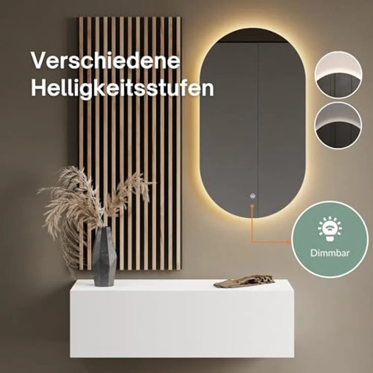 Planetmöbel Badspiegel SP-508 mit LED-Beleuchtung, 50 x 90 cm, oval, Touchschalter, 2 Lichtstufen (4000-4200K), rahmenlos – Bild 4