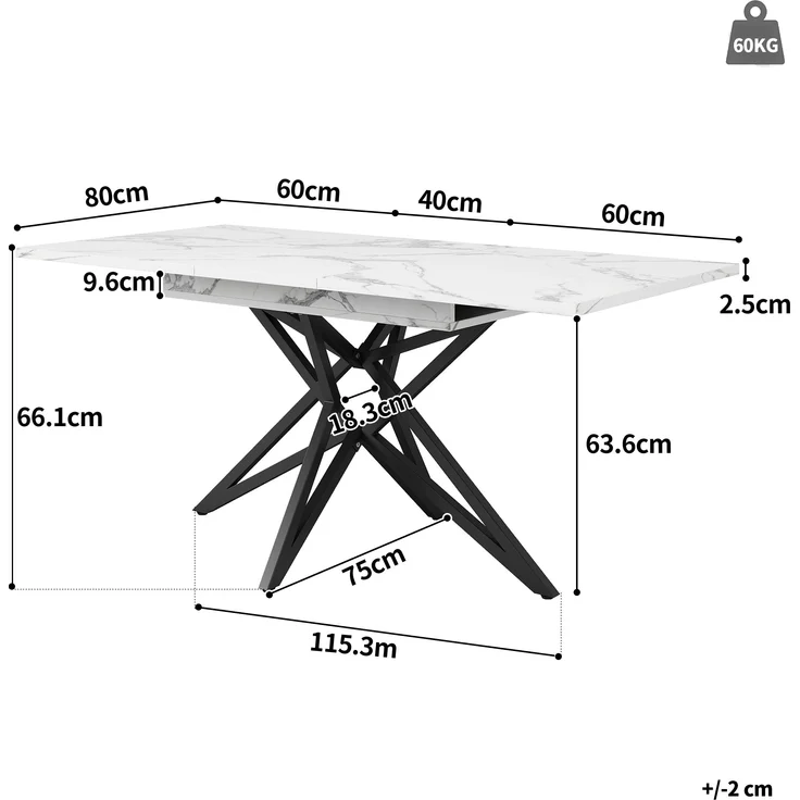 Ausziehbarer Esstisch 120/160x80x66,1 cm, weiß, mit sternförmigen Metallbeinen & Marmoroptik – Bild 10