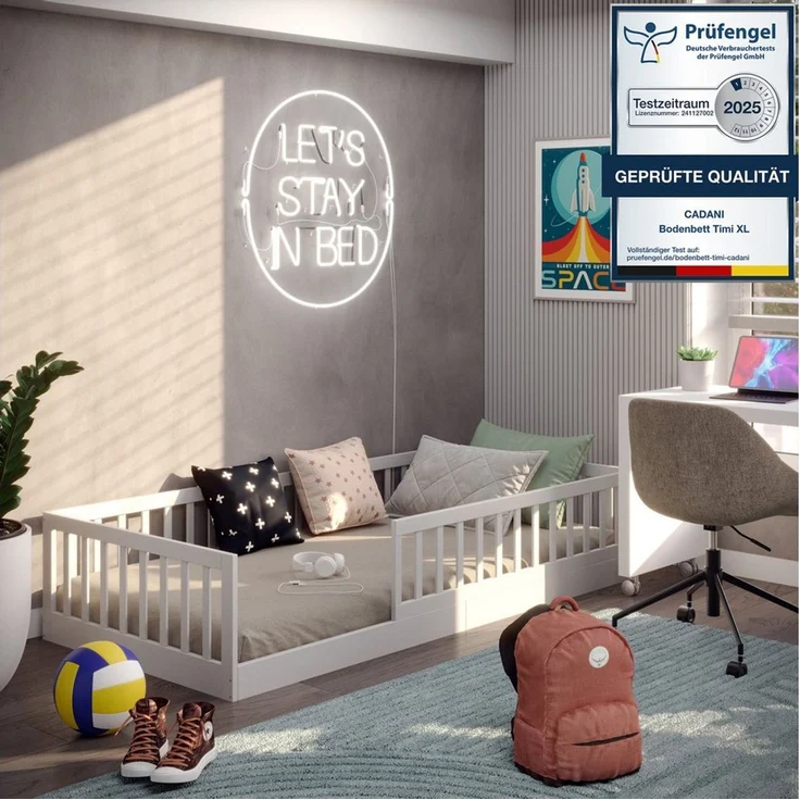 CADANI Timi 2in1 Bodenbett 90x200 cm Montessori Kinderbett mit abnehmbaren Rausfallschutz inkl. Lattenrost, Kiefer Massivholz, weiß - 3 Aufbauvarianten, bis 150 kg belastbar, umbaubar – Bild 5