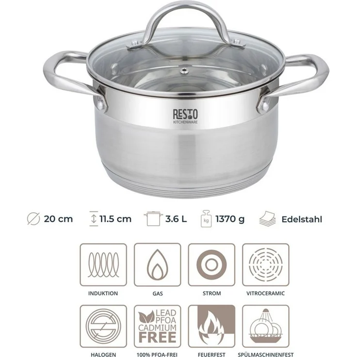 RESTO Kitchenware Kochtopf Rigel, Topf spülmaschinenfest, Edelstahl 18/10 (2-tlg), mit hitzebeständigem Glasdeckel, im Geschenkkarton – Bild 3
