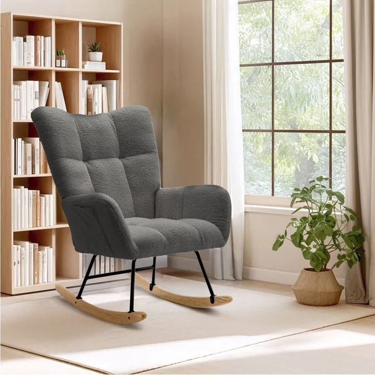 FLEXISPOT Schaukelstuhl mit Hoher Rückenlehne & Fußstütze, Relaxsessel, Schaukelsessel (Moderner Schwingsessel mit Holzkufen, mit Seitentasche), Gepolsterter Relaxsessel für Wohnzimmer & Schlafzimmer