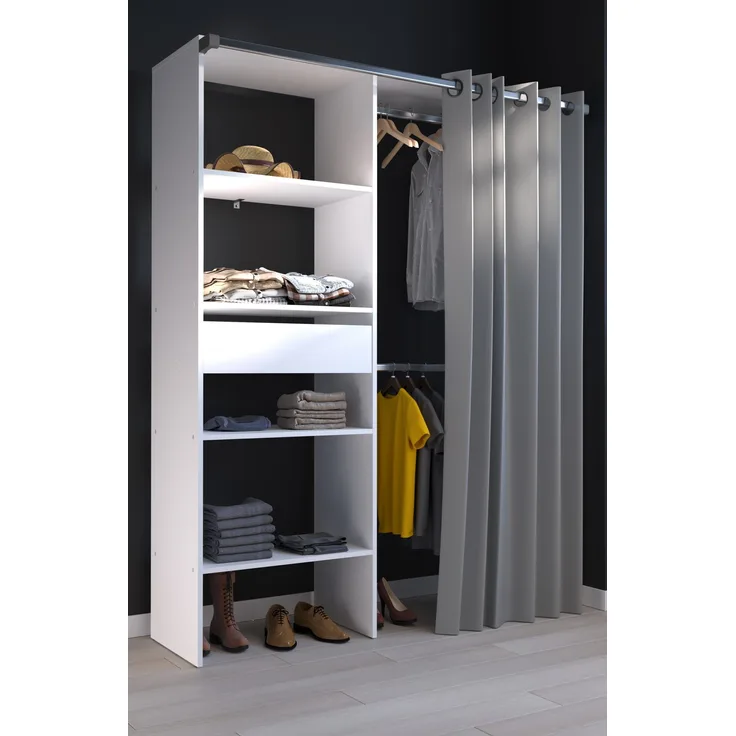 Parisot Kleiderschrank Bari 1 Weiß – 143x182 cm mit Stoffvorhang & Schublade