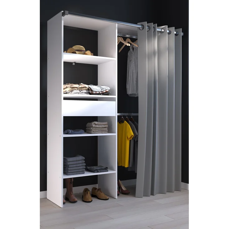 Parisot Kleiderschrank Bari 1 Weiß – 143x182 cm mit Stoffvorhang & Schublade
