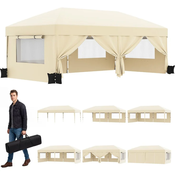 JUMMICO 3x6 m Faltpavillon mit Insektenschutz & Belüftung｜Rollos + Lüftungsfenster｜1-Minuten Schnellaufbau｜10cm höhere Dachfläche,Beige