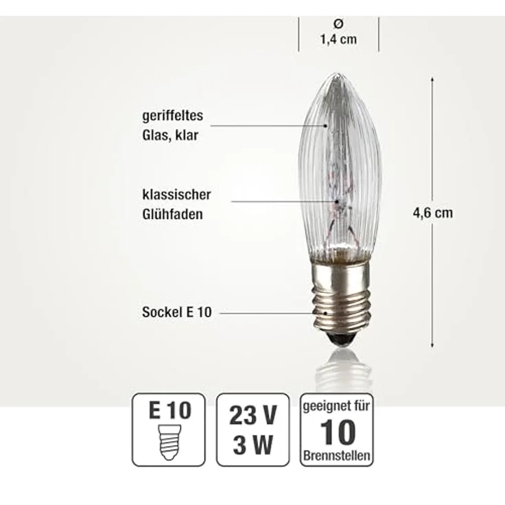 hellum Ersatz-Kerzen für Schwibbogen, 25 Stück 23V 3W Riffelkerze für Weihnachtsbaum Kerzen Lichterketten innen mit 10 Brennstellen, Birnen für Lichterbogen E10/ 23V/ 3W/ 22 Lumen 918113 – Bild 4