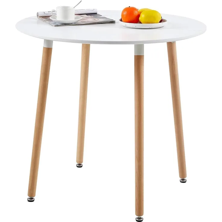 H. J WeDoo MDF Runder Esstisch Buchenholz Esszimmer Tisch Küchentisch Holztisch, 80 * 80 * 75 cm, 4 Beine Natur, Weiß