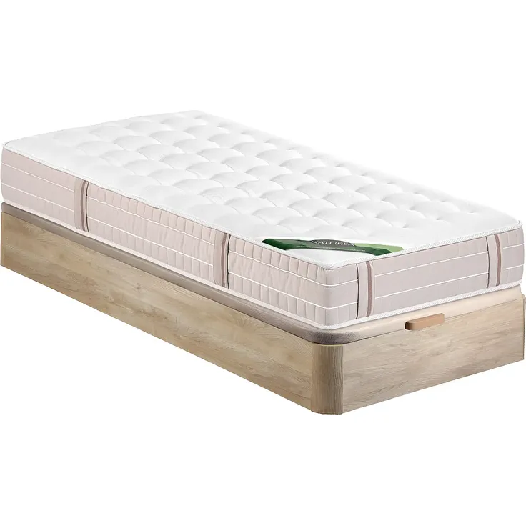 Vente-unique - Bett-Set 90 x 190 cm - Bettkasten naturhell + Taschenfederkernmatratze 5-Zonen mit Memory-Schaum-Auflage und anti-Bettwanzen-Bezug, Höhe 24 cm - VIREVO von NATUREA