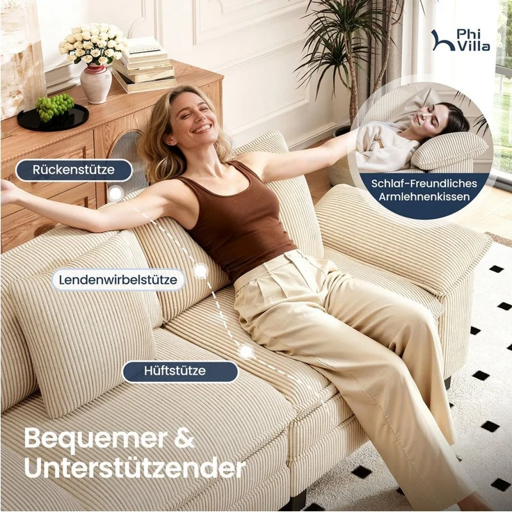 PHI VILLA Ecksofa L-Form Couch, 4-6-Sitzer-Sofa, Modulare Sofas inklusive Zierkissen und Ottomane für das Wohnzimmer – Bild 4