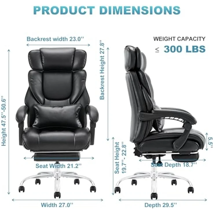 COLAMY Office Chair with Footrest-Ergonomic High Back Design Executive Computer Desk Chair with Removable Lumbar Pillow, 90-135°Reclining, Thick Bonded Leather for Home Office Work Comfort, Black – Bild 3