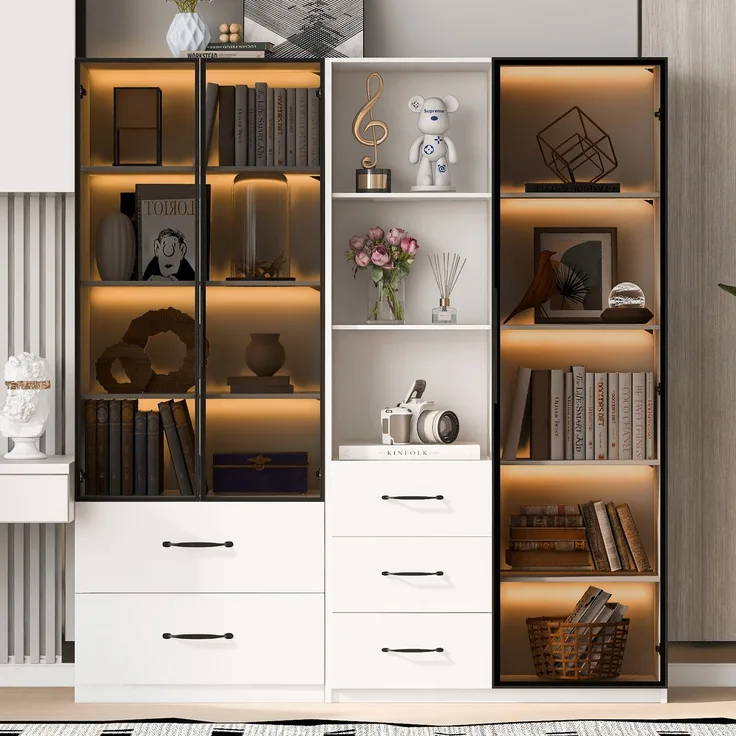 Vitrine 140x40x160 cm, zweiteilig mit LED, Glasfront und Schubladen, Weiß