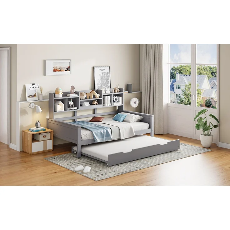 EINHOM Ausziehbares Schlafsofa 90 x 200 cm cm Massivholz, Ausziehbett 90 x 190 cm cm, mit Staufach und Lattenrost, Kiefer Multifunktionsbett, Einzelbett, Grau, (Ohne Matratze) – Bild 6