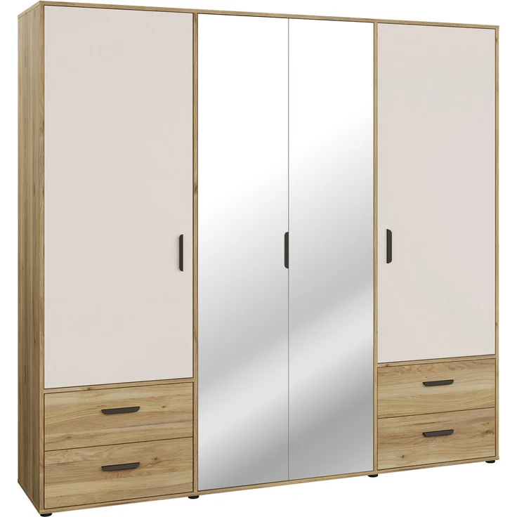 Forte MOKKARO Kleiderschrank 200, moderner Drehtürenschrank, 4-türig, 4 Schubladen, Spiegel, Mauvella Eiche Holzdekor|Kaschmir Beige, 205,9 cm breit x 200,1 cm hoch x 52,7 cm tief – Bild 3